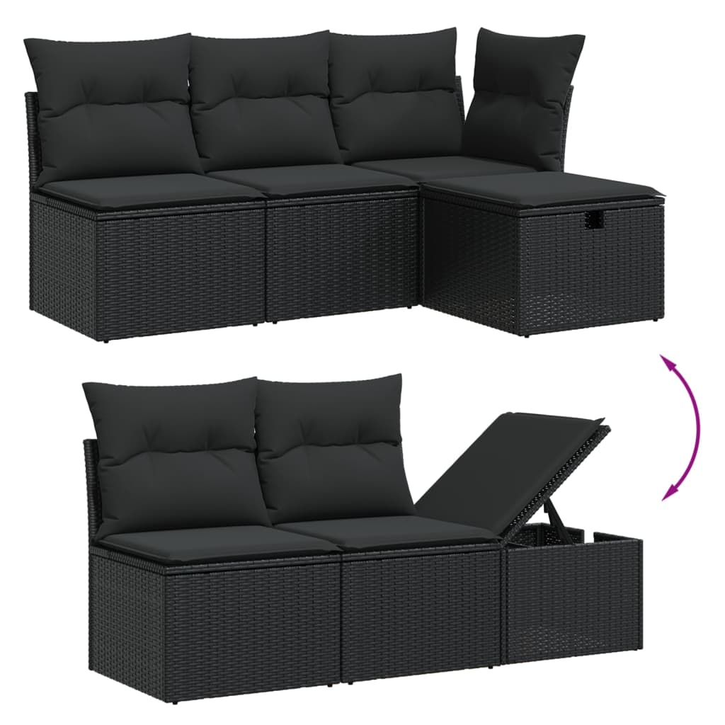 Set mobilier de grădină cu perne, 5 piese, negru, poliratan