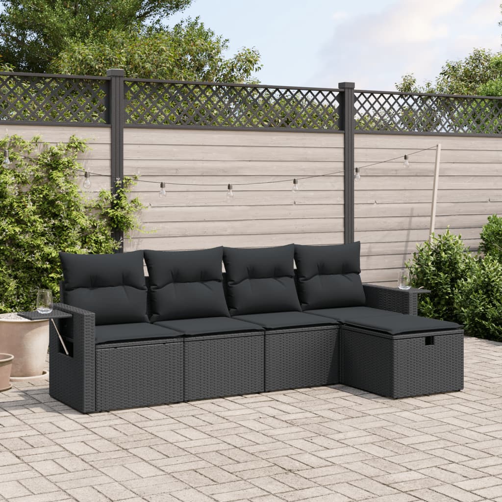 Set mobilier de grădină cu perne, 5 piese, negru, poliratan