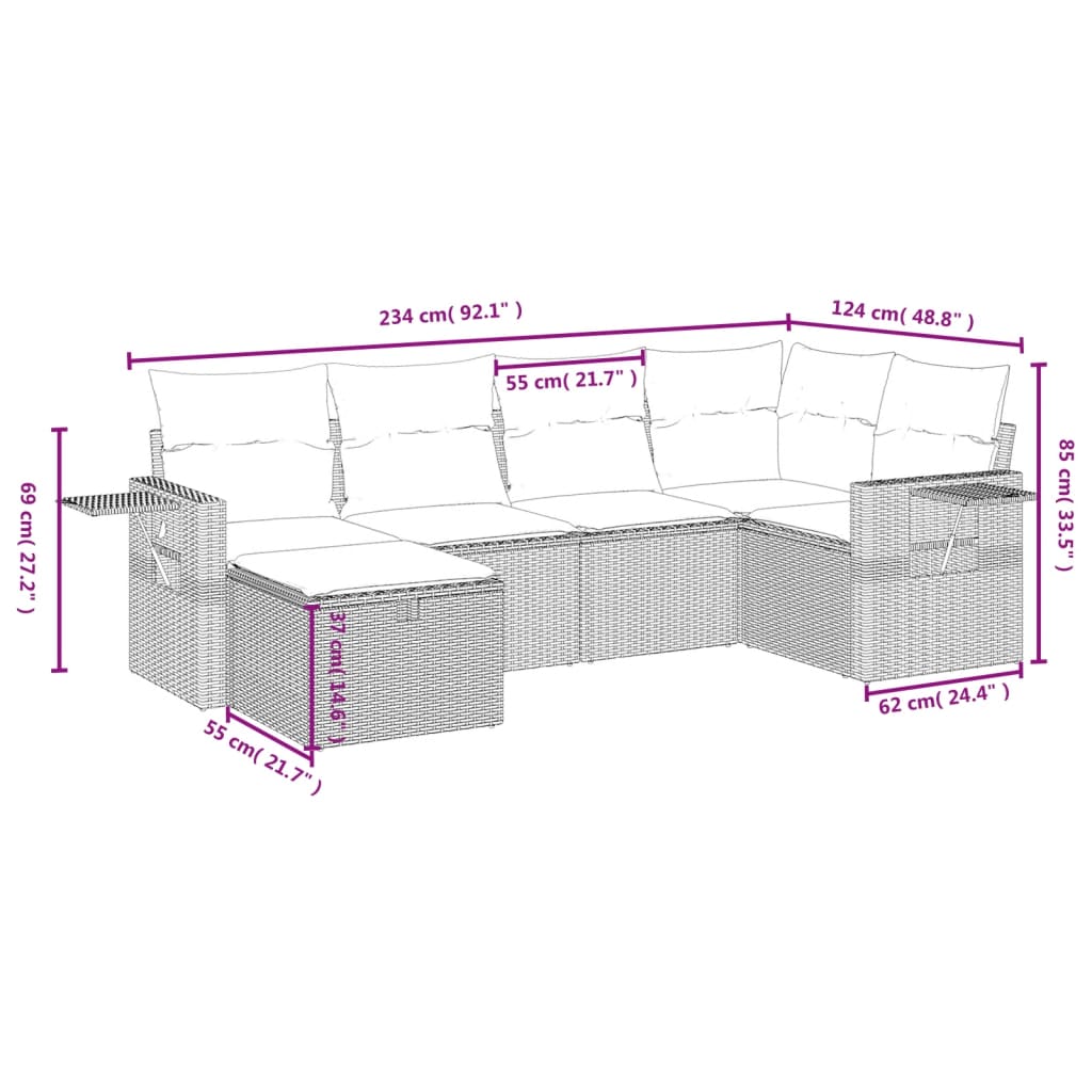 Set mobilier de grădină cu perne, 6 piese, negru, poliratan