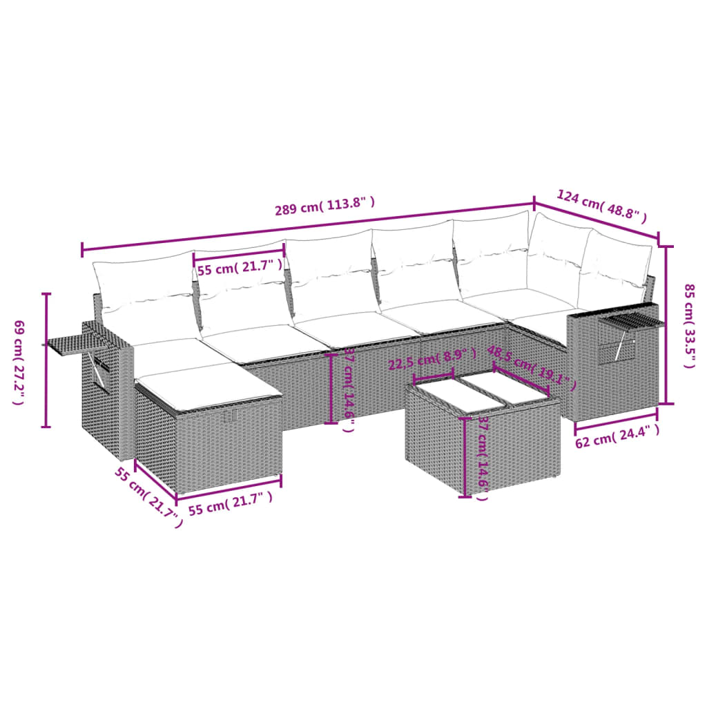 Set mobilier de grădină cu perne, 8 piese, negru, poliratan