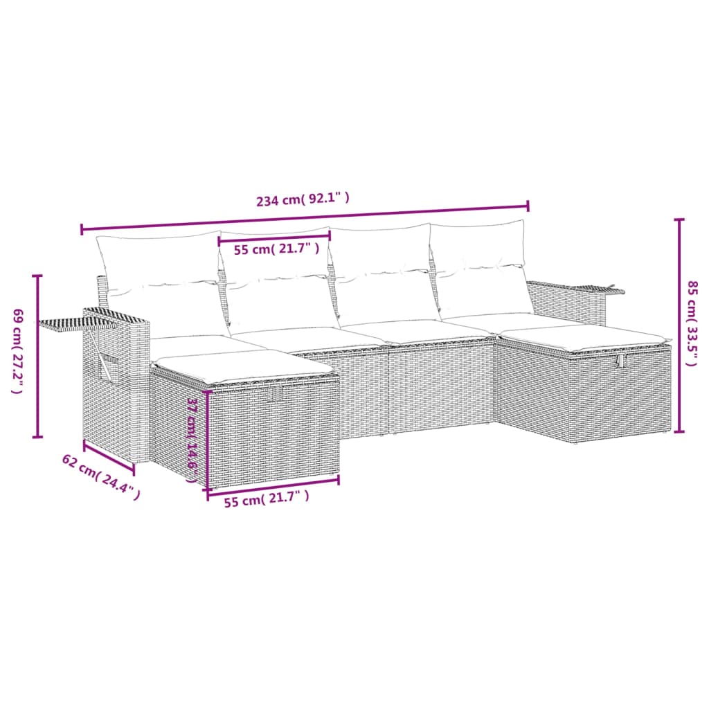 Set mobilier grădină cu perne, 6 piese, gri, poliratan