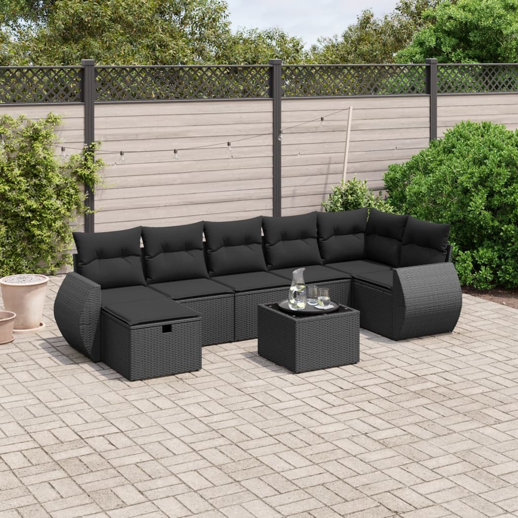 Set mobilier de grădină cu perne, 8 piese, negru, poliratan