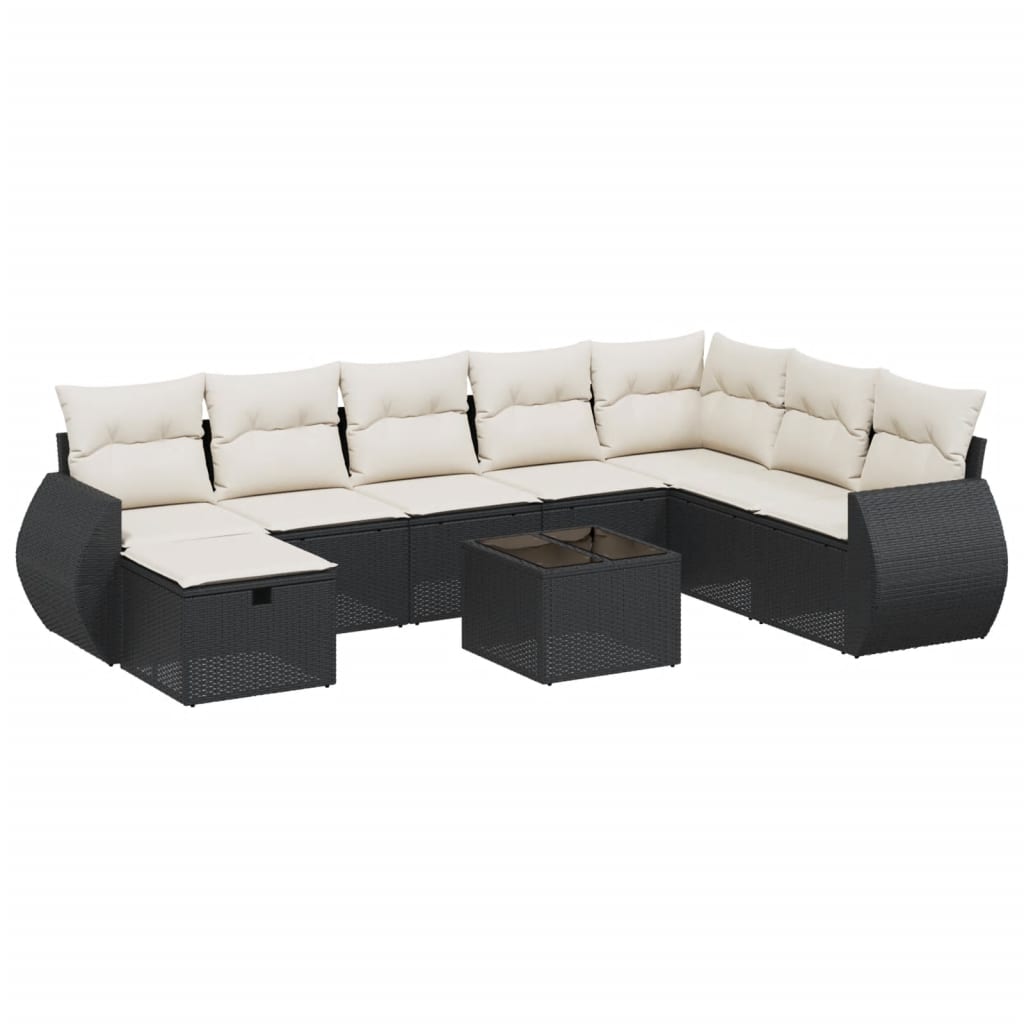 Set mobilier de grădină cu perne, 9 piese, negru, poliratan