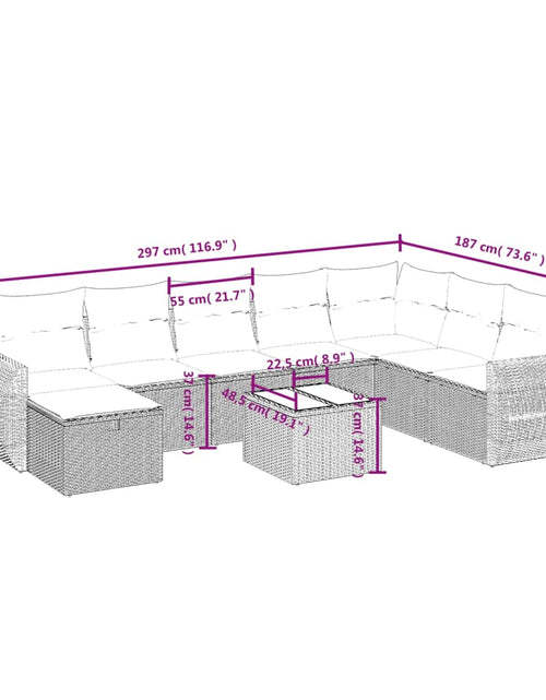 Încărcați imaginea în vizualizatorul Galerie, Set canapele de grădină cu perne, 9 piese, maro, poliratan
