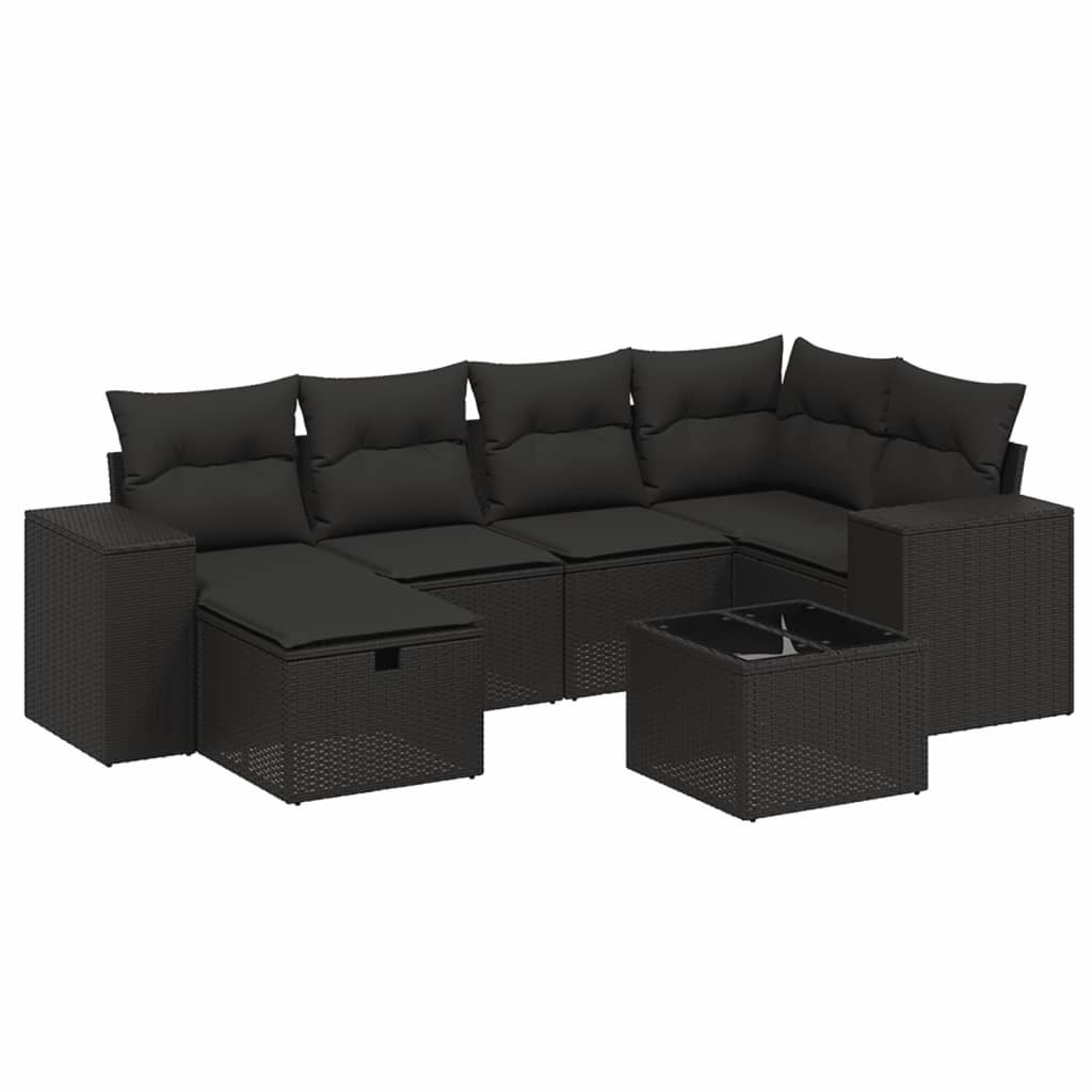 Set canapele de grădină cu perne, 7 piese, negru, poliratan