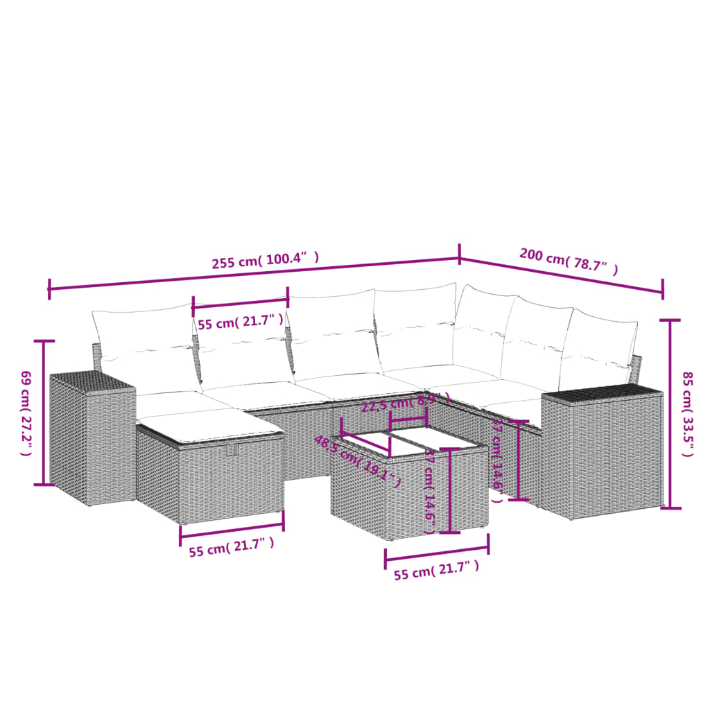 Set mobilier de grădină cu perne, 8 piese, negru, poliratan