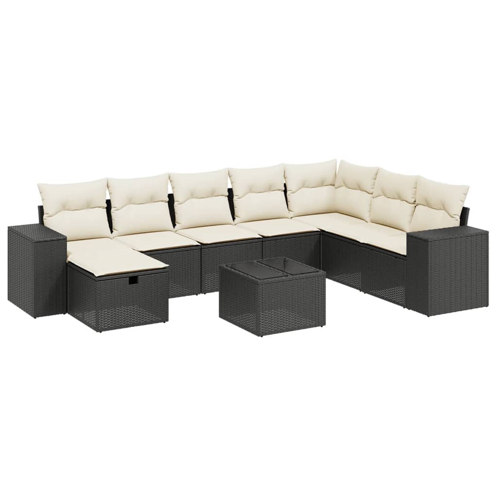 Set mobilier de grădină cu perne, 9 piese, negru, poliratan