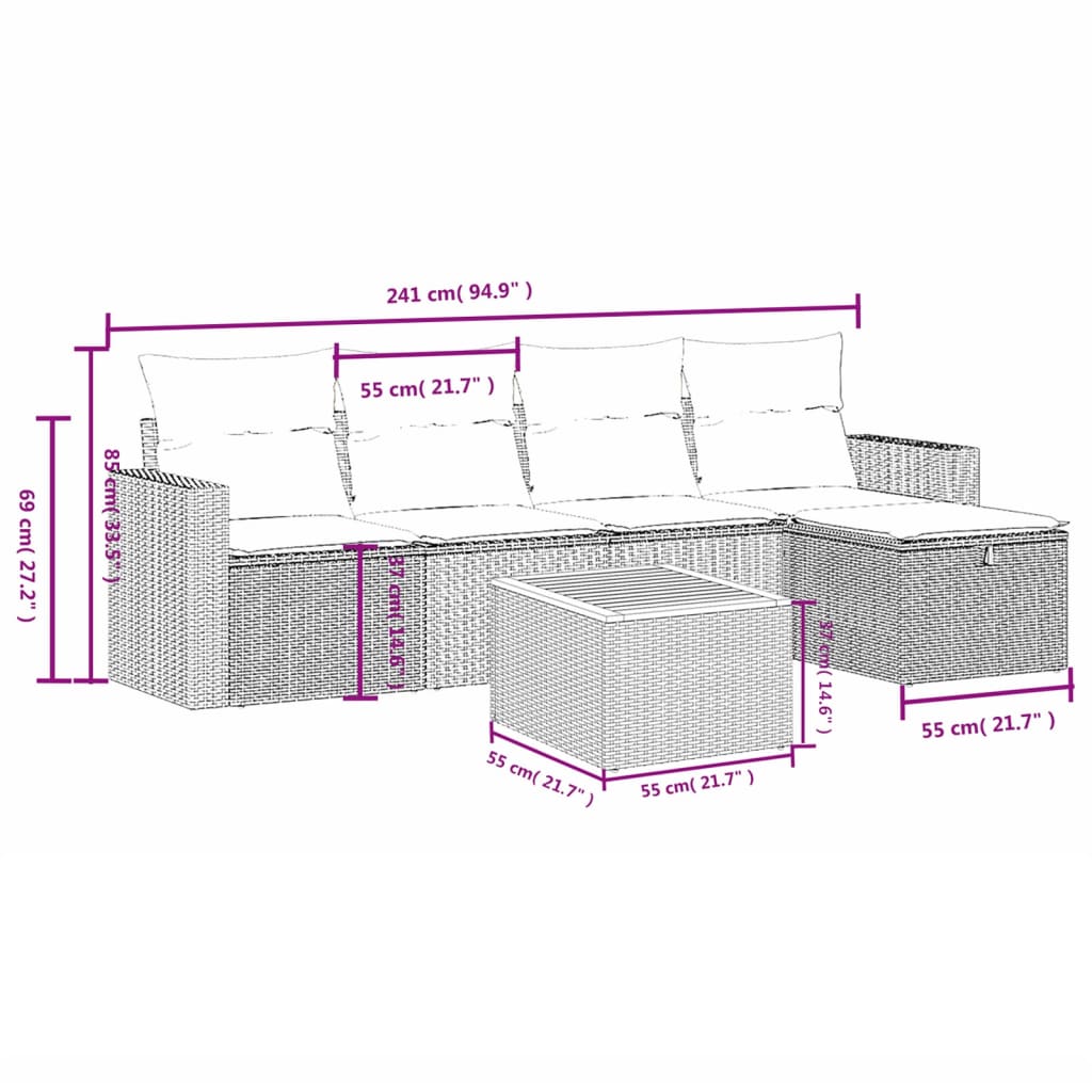 Set mobilier grădină cu perne, 6 piese, gri, poliratan