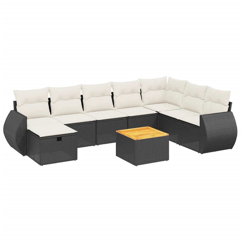 Set mobilier de grădină cu perne, 9 piese, negru, poliratan