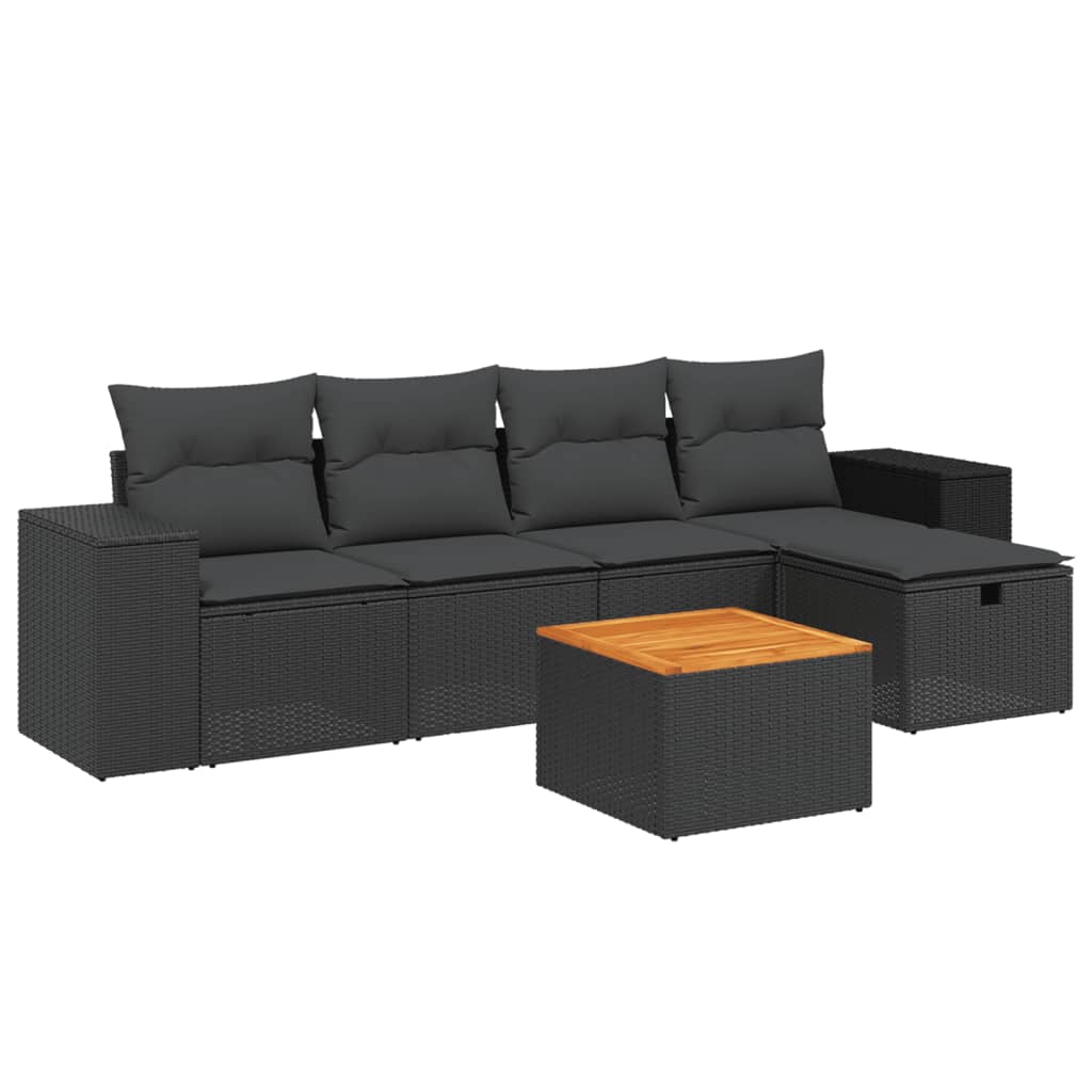 Set mobilier de grădină cu perne, 6 piese, negru, poliratan