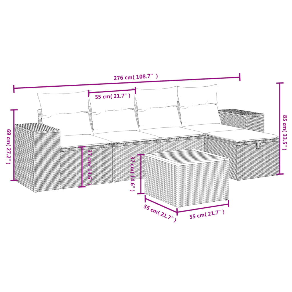 Set mobilier grădină cu perne, 6 piese, gri, poliratan