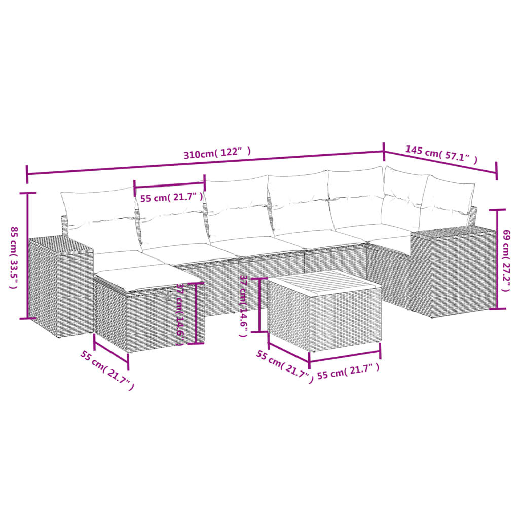 Set mobilier de grădină cu perne, 8 piese, negru, poliratan