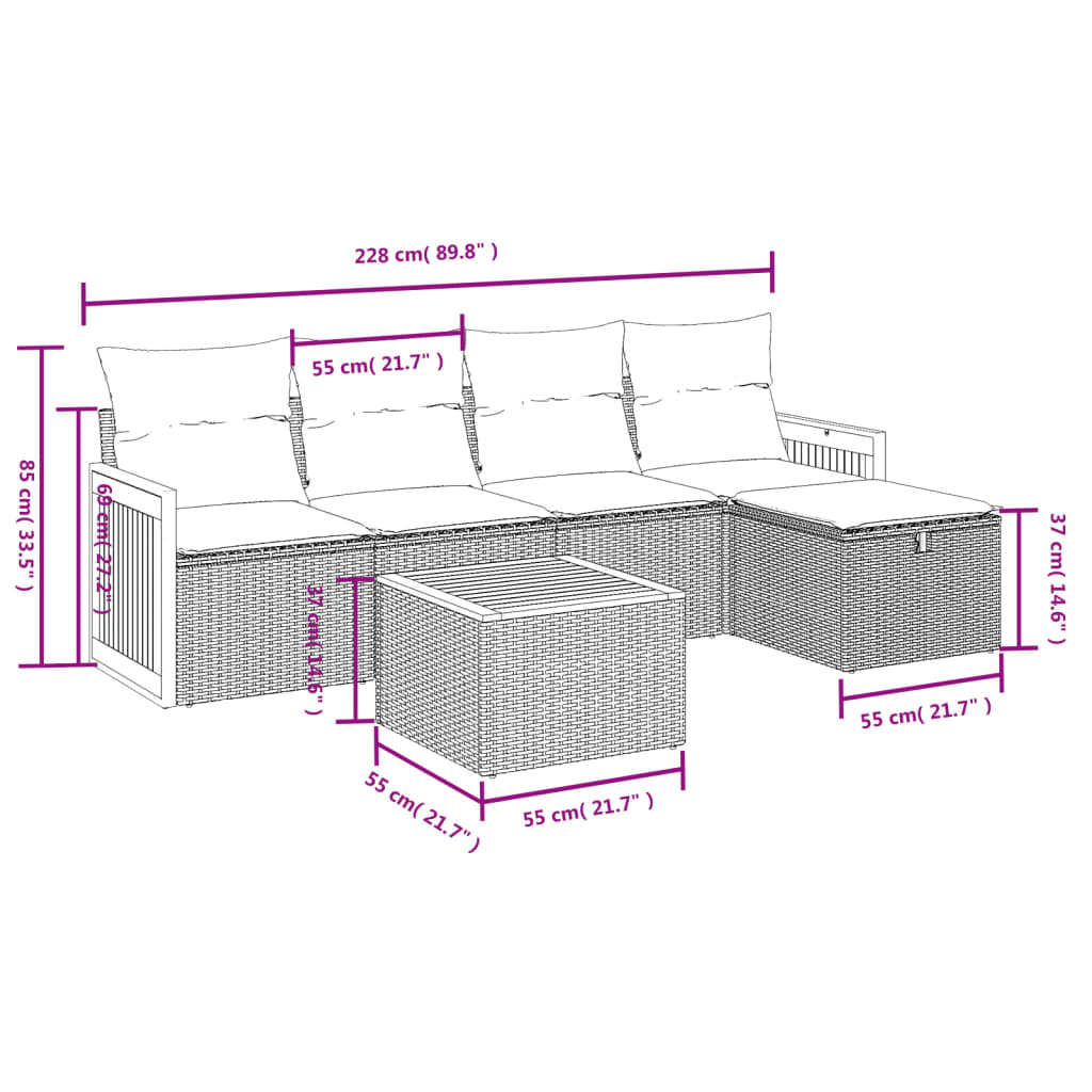 Set mobilier grădină cu perne, 6 piese, gri, poliratan