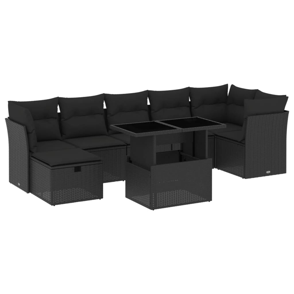 Set mobilier de grădină cu perne, 8 piese, negru, poliratan