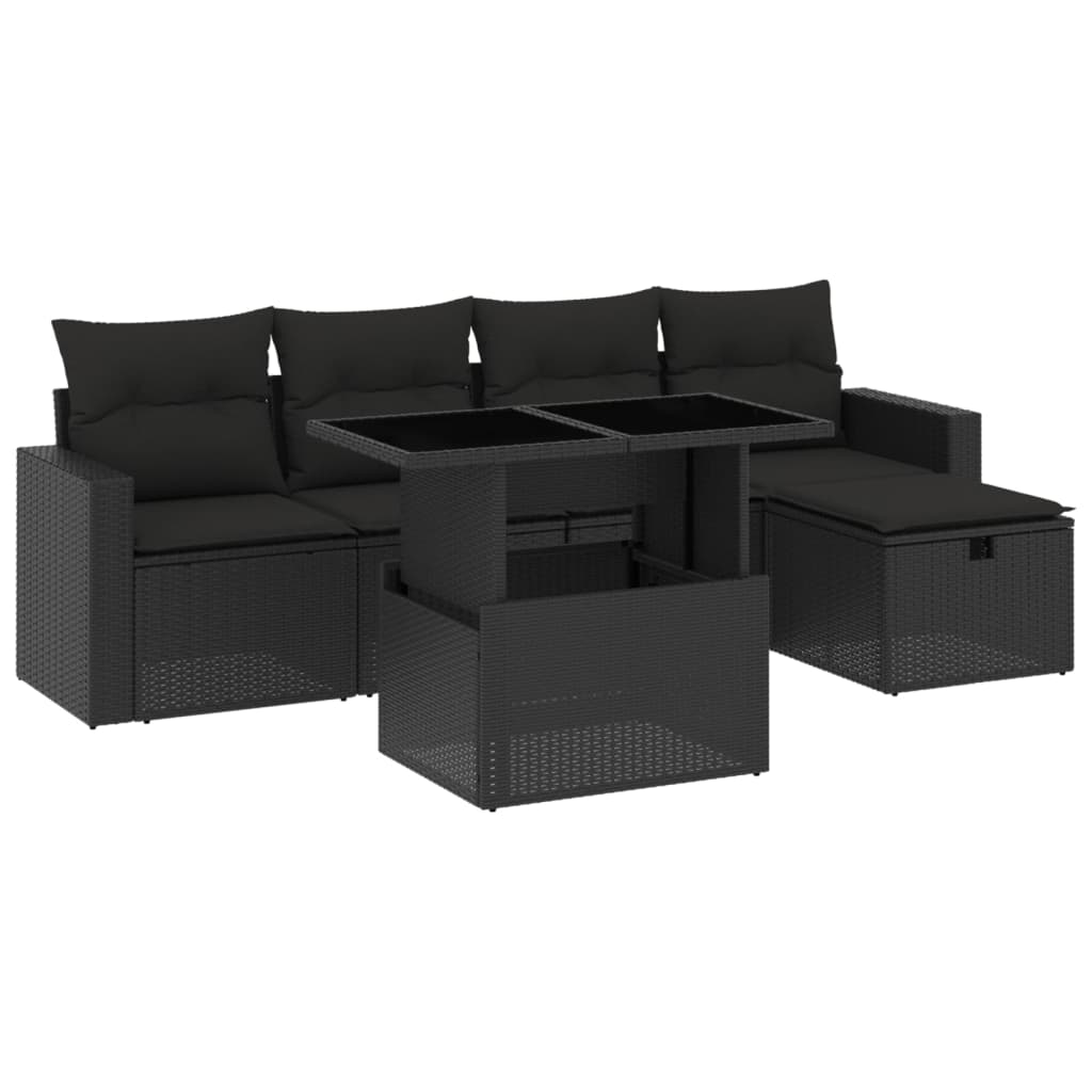 Set mobilier de grădină cu perne, 6 piese, negru, poliratan