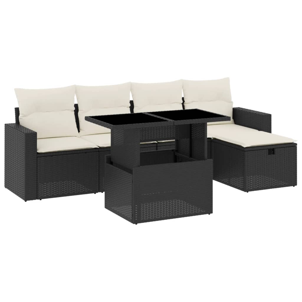 Set mobilier de grădină cu perne, 6 piese, negru, poliratan