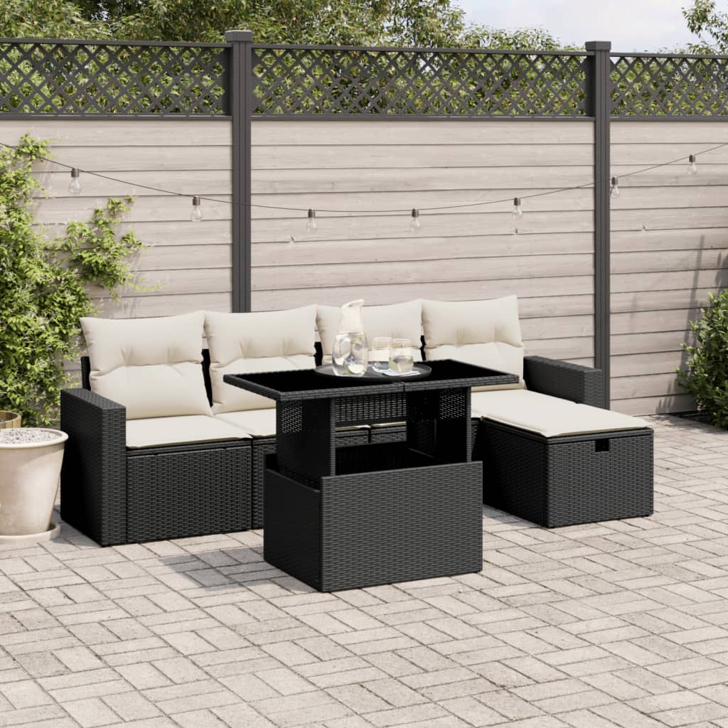 Set mobilier de grădină cu perne, 6 piese, negru, poliratan