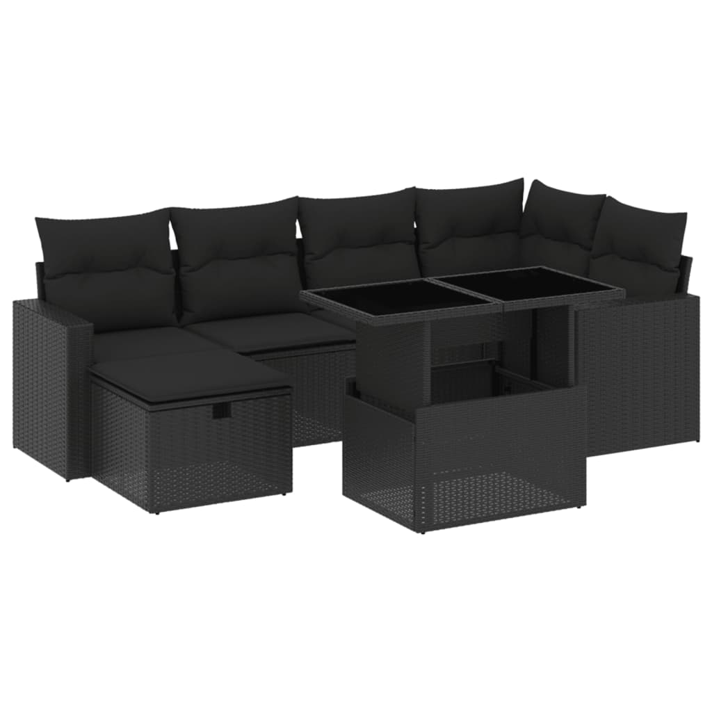 Set canapele de grădină cu perne, 7 piese, negru, poliratan