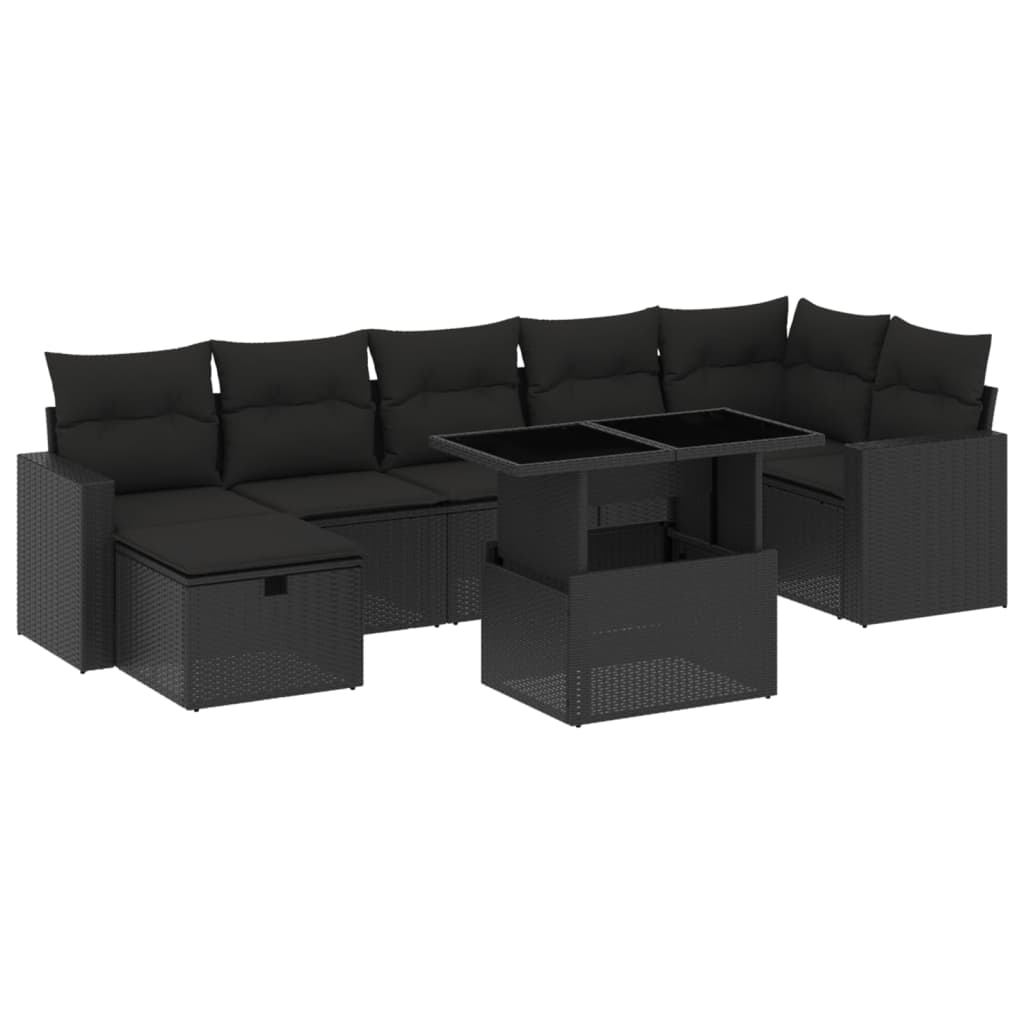 Set mobilier de grădină cu perne, 8 piese, negru, poliratan