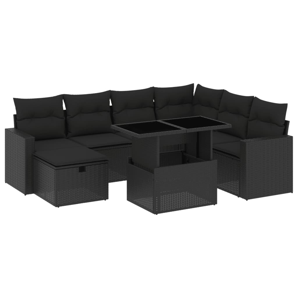 Set mobilier de grădină cu perne, 8 piese, negru, poliratan