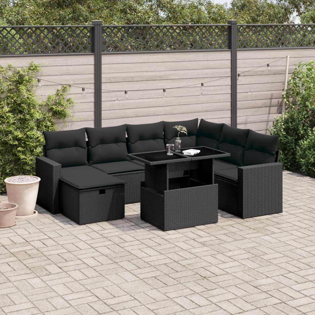 Set mobilier de grădină cu perne, 8 piese, negru, poliratan