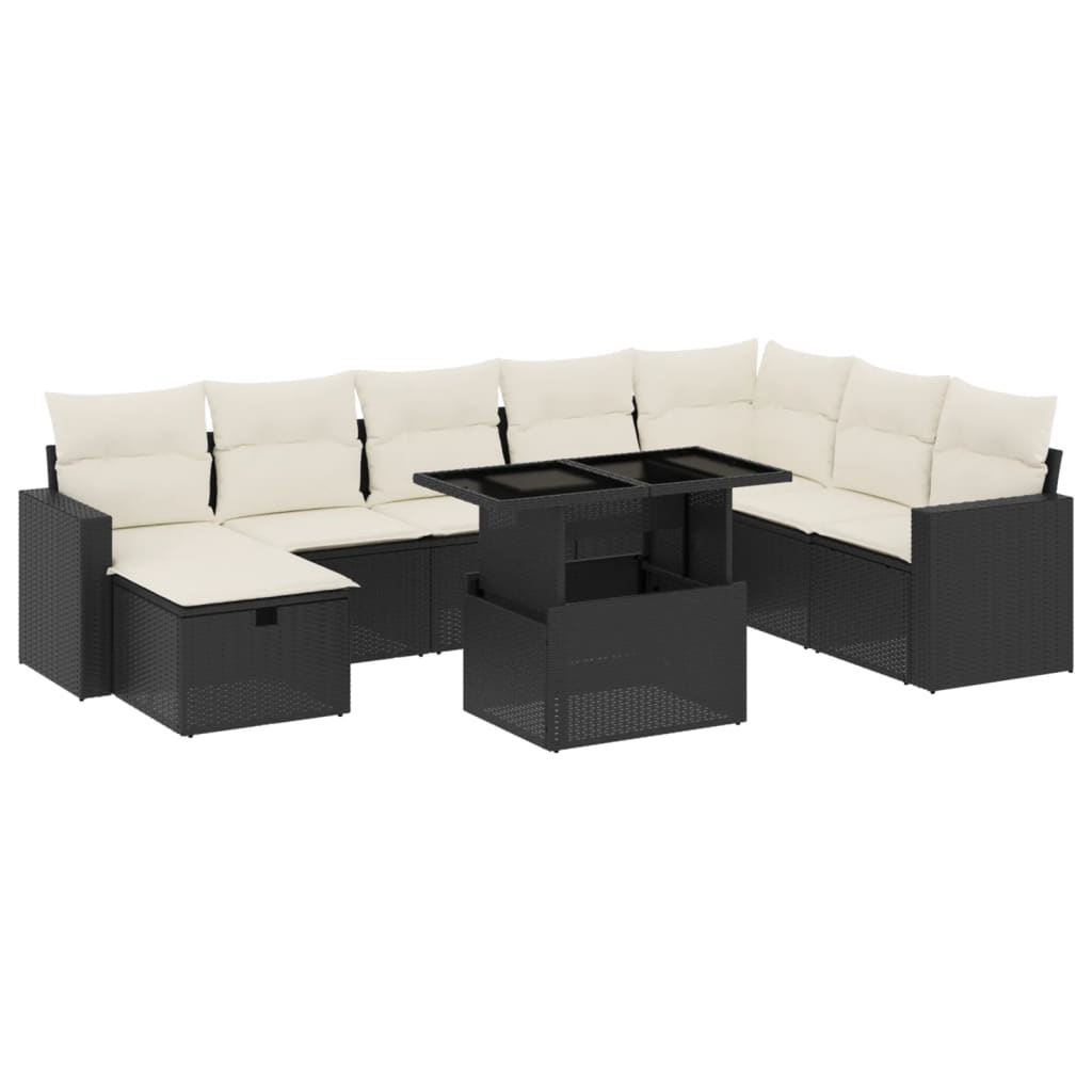 Set mobilier de grădină cu perne, 9 piese, negru, poliratan