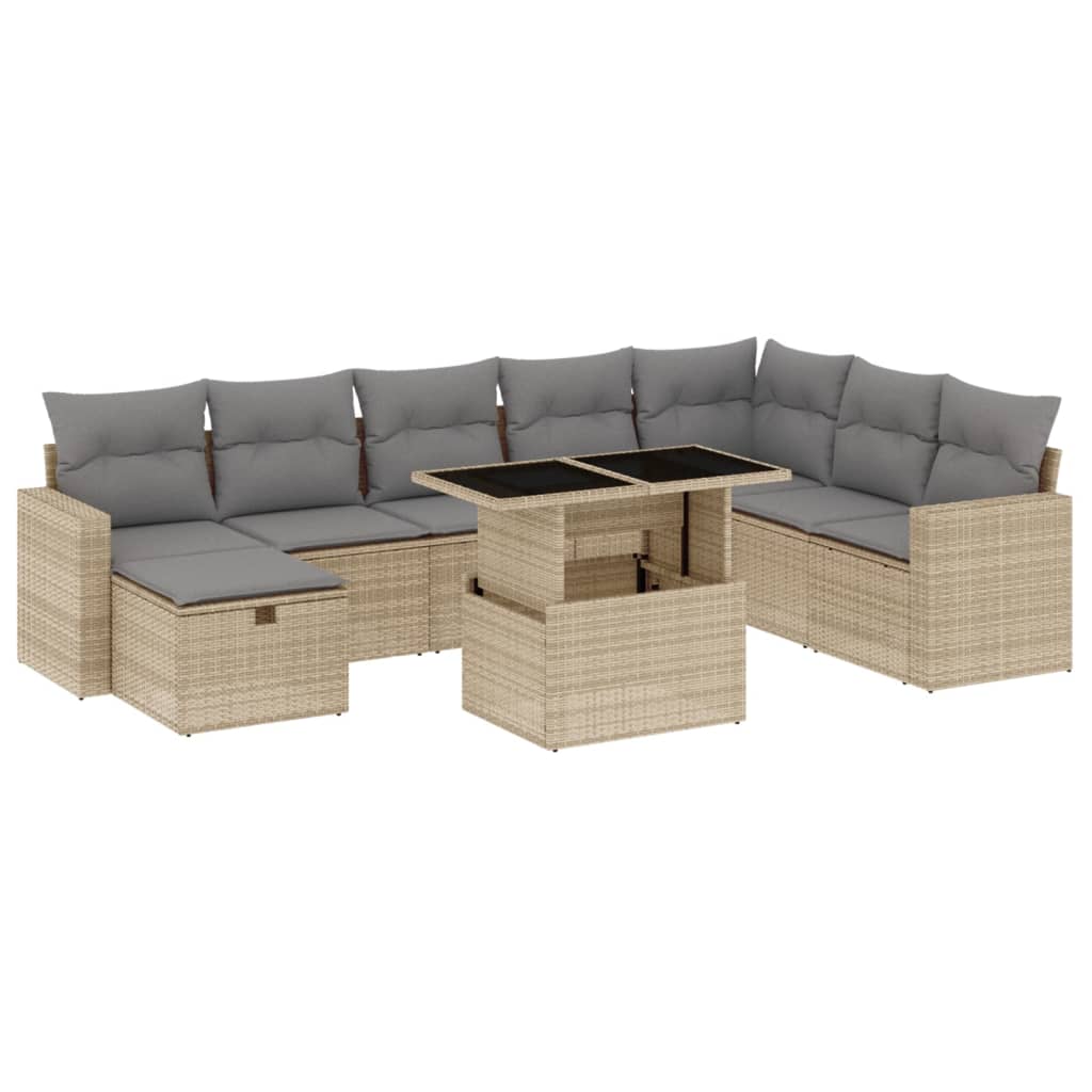 Set canapele de grădină, 9 piese, cu perne, bej, poliratan