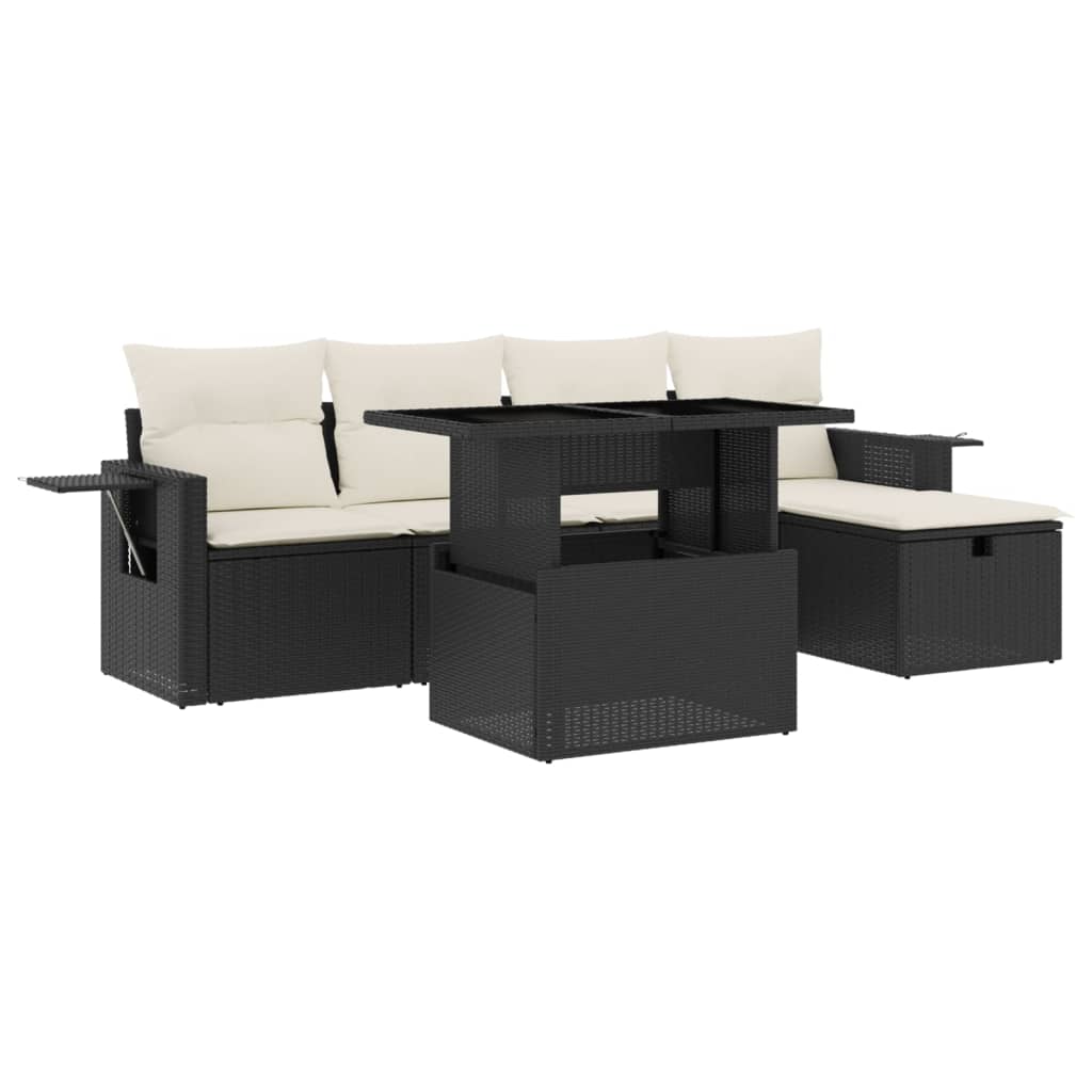 Set mobilier de grădină cu perne, 6 piese, negru, poliratan