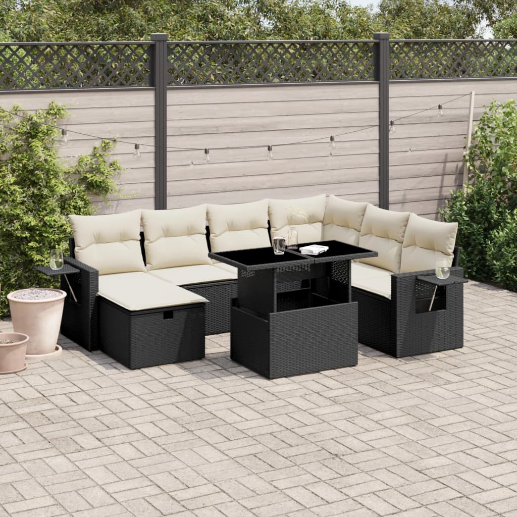 Set mobilier de grădină cu perne, 8 piese, negru, poliratan