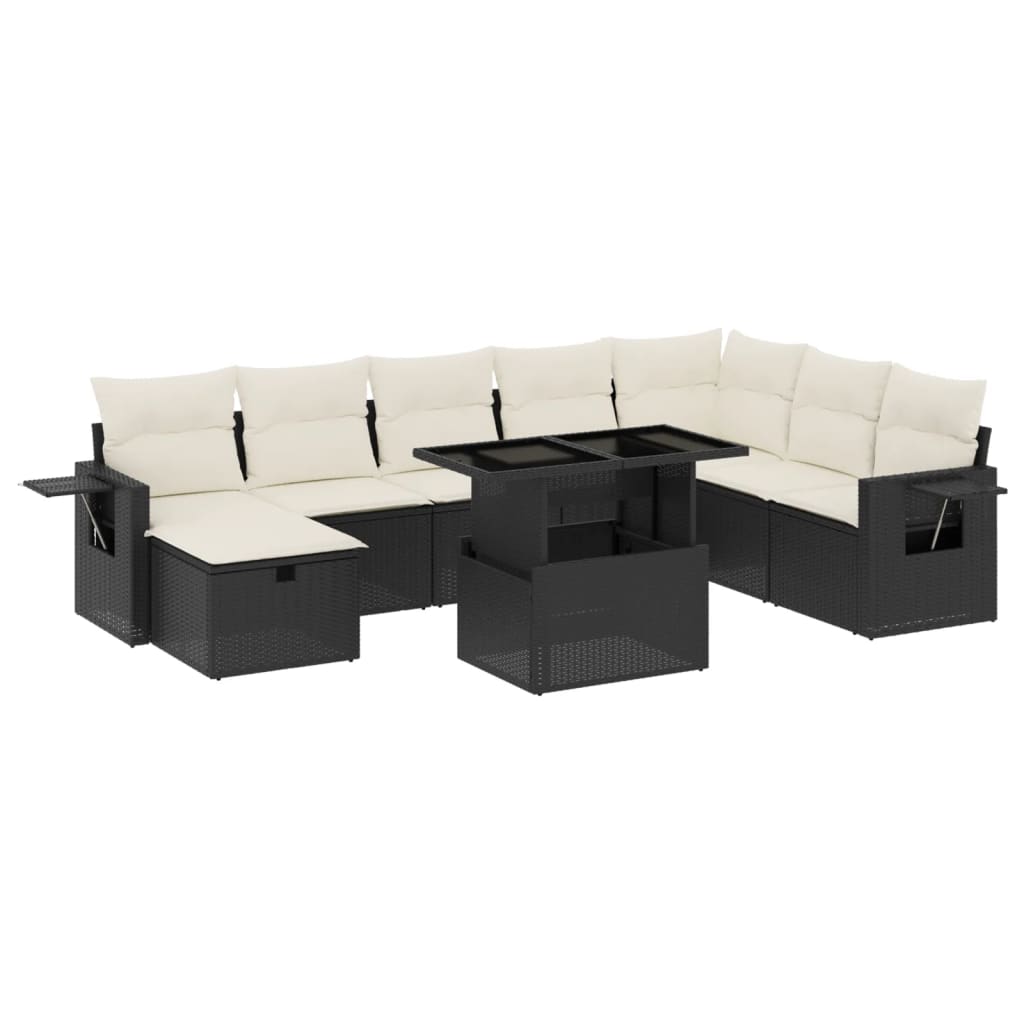 Set mobilier de grădină cu perne, 9 piese, negru, poliratan