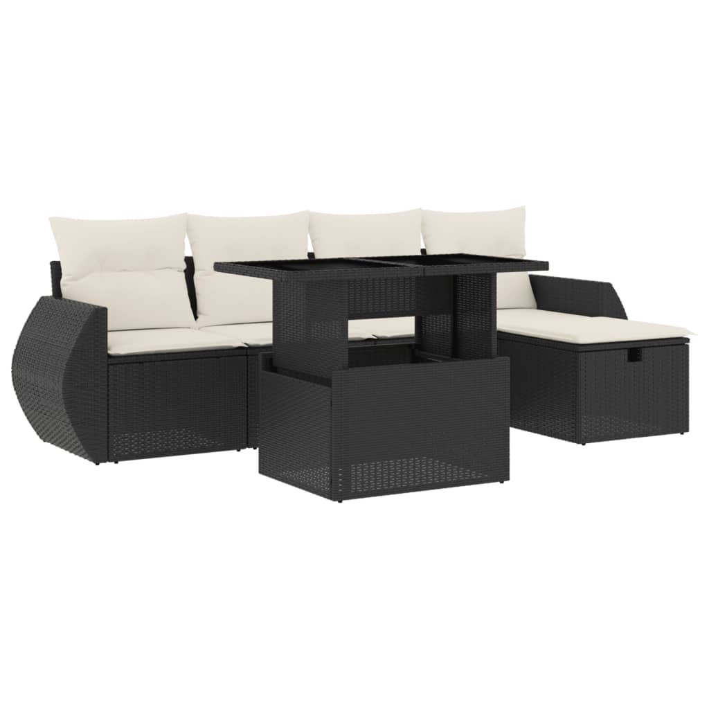 Set mobilier de grădină cu perne, 6 piese, negru, poliratan