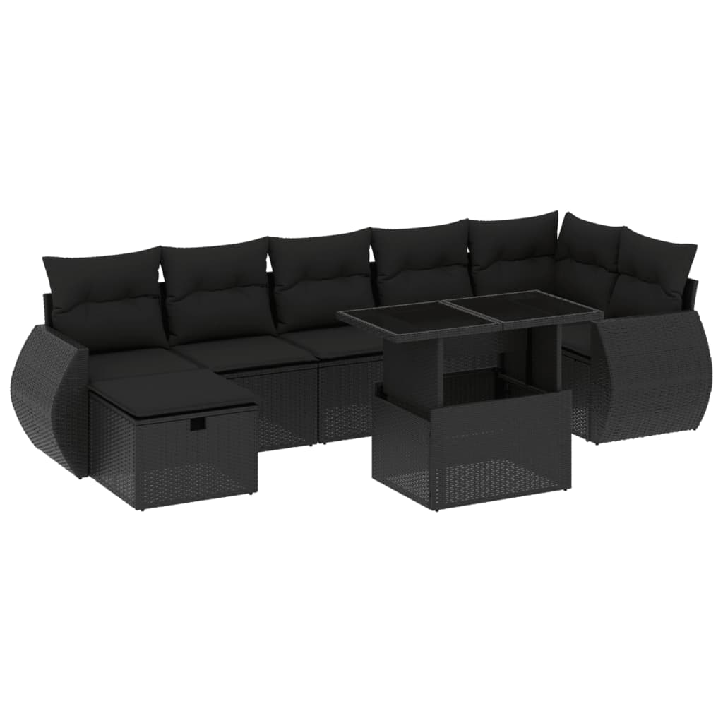 Set mobilier de grădină cu perne, 8 piese, negru, poliratan