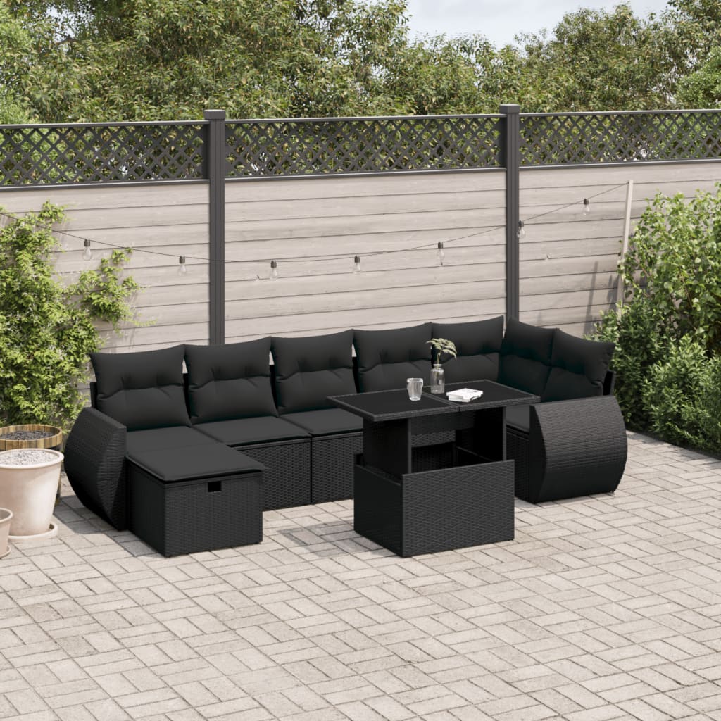 Set mobilier de grădină cu perne, 8 piese, negru, poliratan