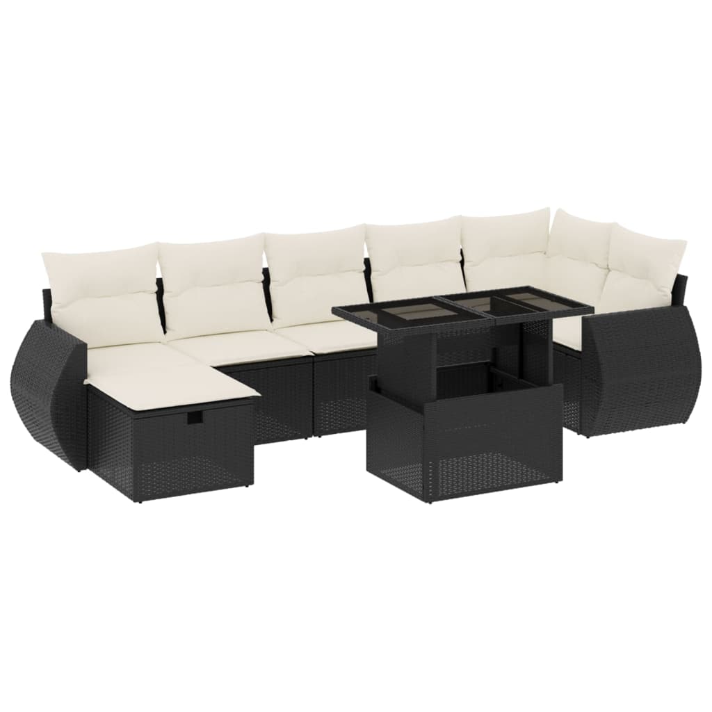 Set mobilier de grădină cu perne, 8 piese, negru, poliratan