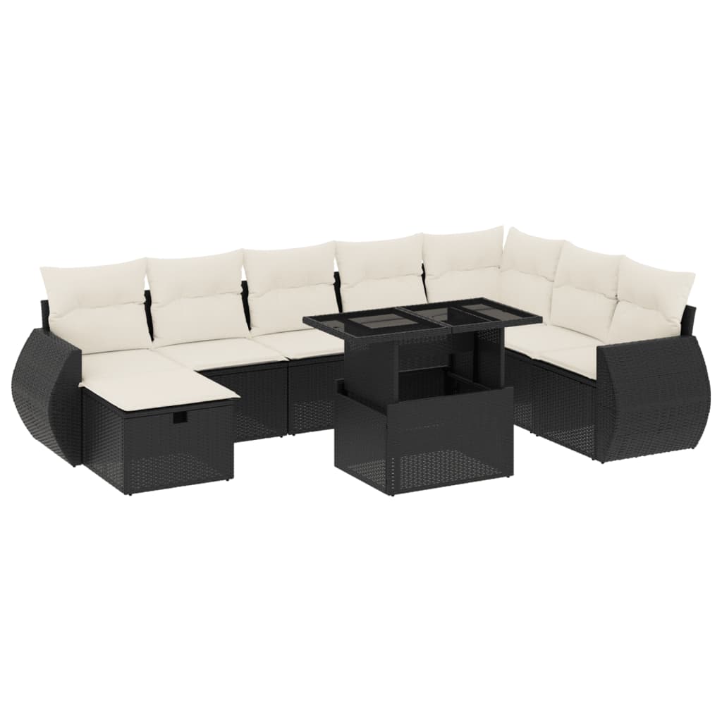 Set mobilier de grădină cu perne, 9 piese, negru, poliratan