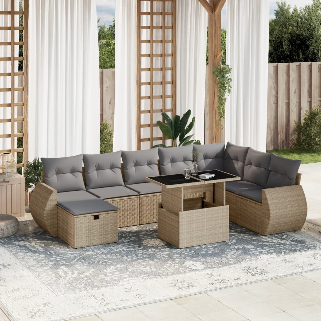 Set canapele de grădină, 9 piese, cu perne, bej, poliratan