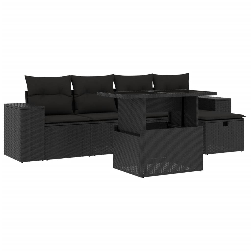 Set mobilier de grădină cu perne, 6 piese, negru, poliratan