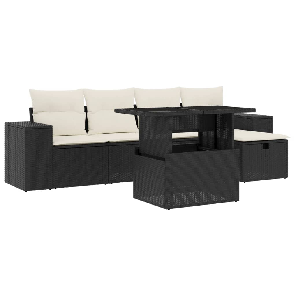 Set mobilier de grădină cu perne, 6 piese, negru, poliratan