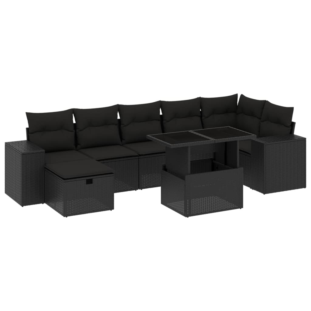 Set mobilier de grădină cu perne, 8 piese, negru, poliratan