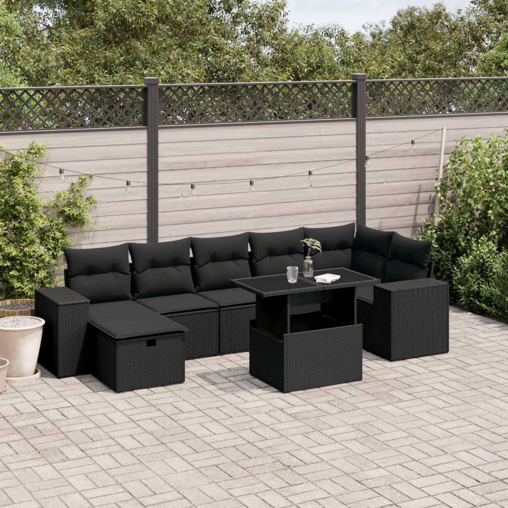 Set mobilier de grădină cu perne, 8 piese, negru, poliratan