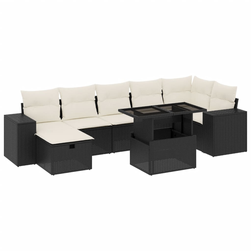 Set mobilier de grădină cu perne, 8 piese, negru, poliratan