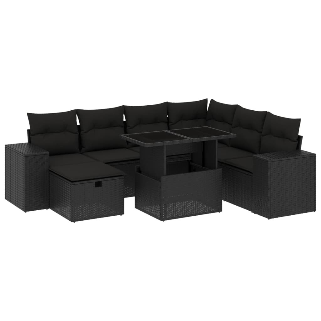 Set mobilier de grădină cu perne, 8 piese, negru, poliratan