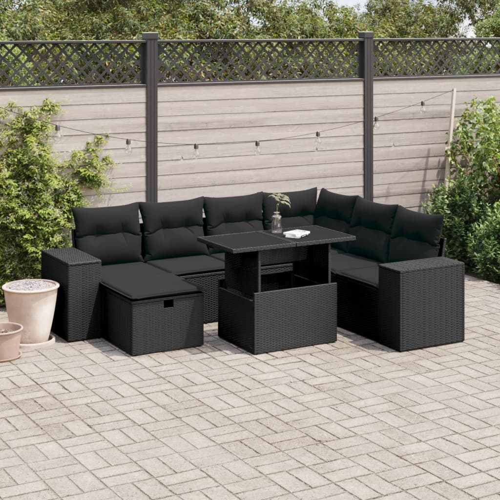 Set mobilier de grădină cu perne, 8 piese, negru, poliratan