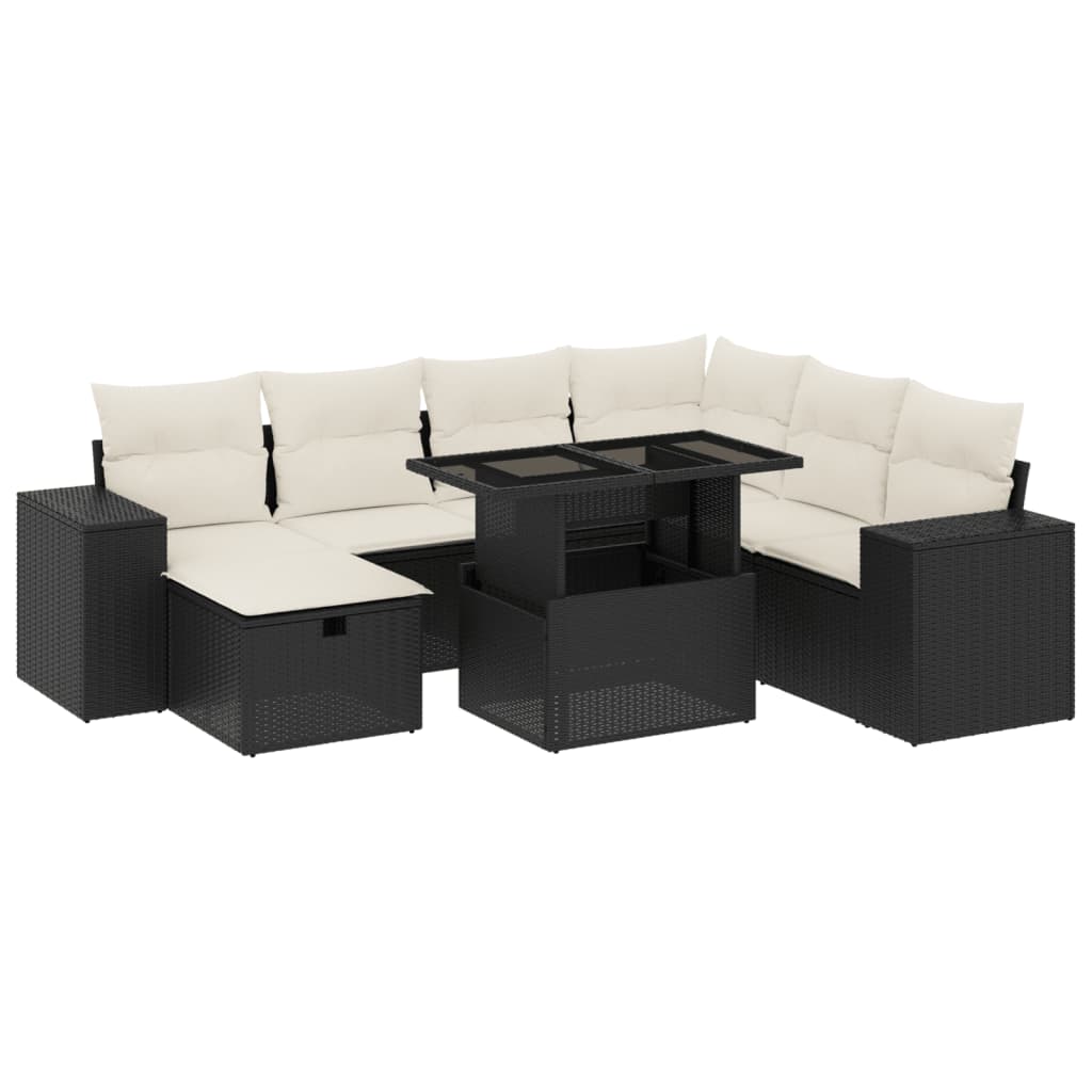 Set mobilier de grădină cu perne, 8 piese, negru, poliratan