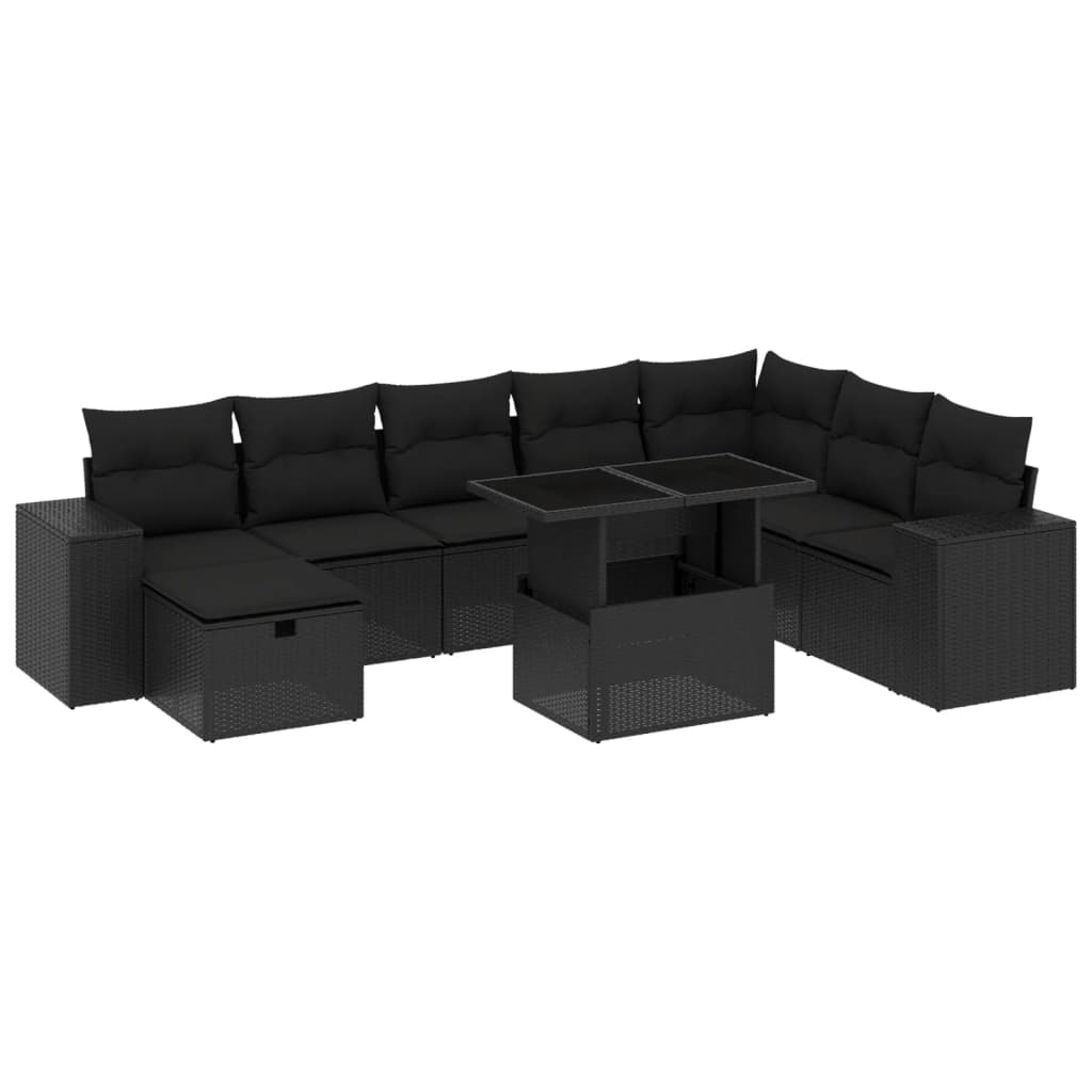 Set mobilier de grădină cu perne, 9 piese, negru, poliratan