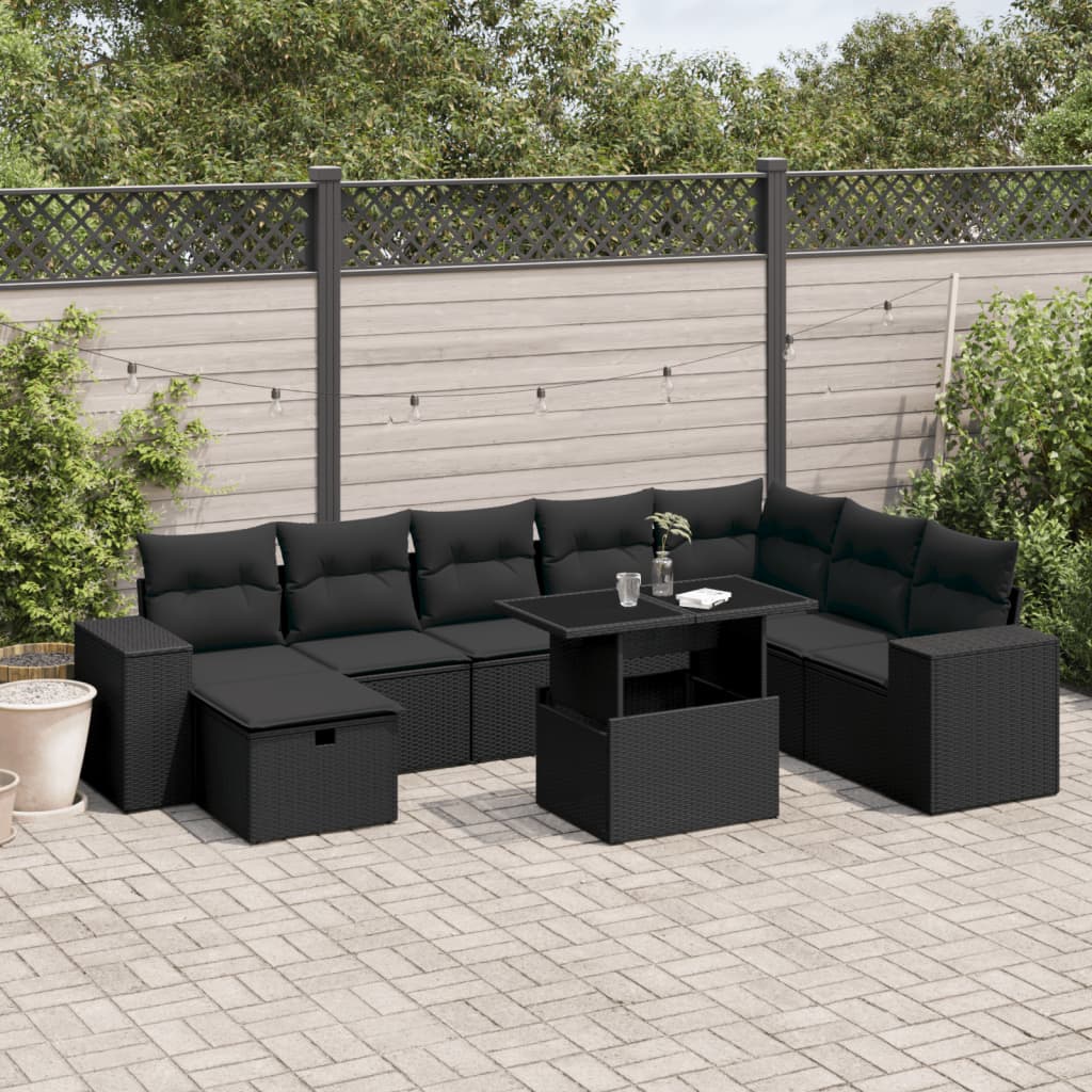 Set mobilier de grădină cu perne, 9 piese, negru, poliratan