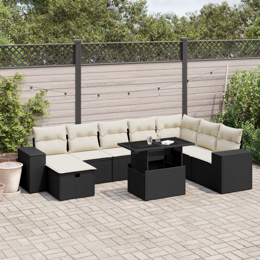 Set mobilier de grădină cu perne, 9 piese, negru, poliratan