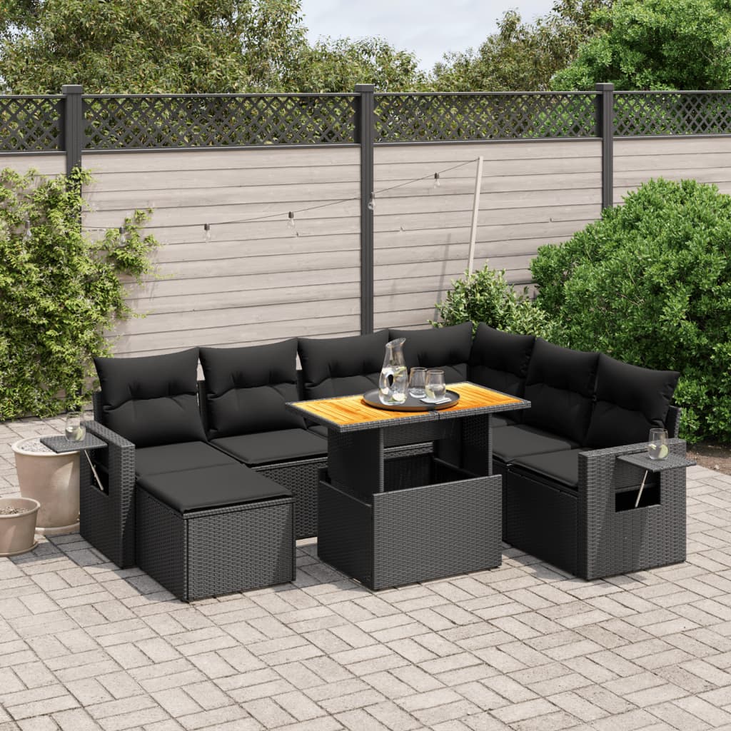 Set mobilier de grădină cu perne, 8 piese, negru, poliratan