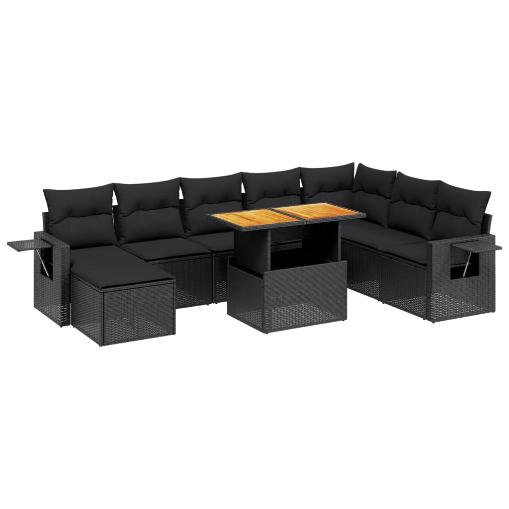 Set mobilier de grădină cu perne, 9 piese, negru, poliratan