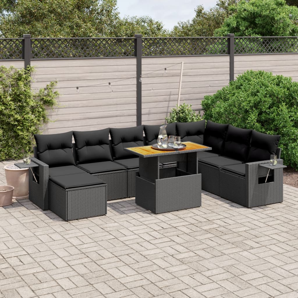 Set mobilier de grădină cu perne, 9 piese, negru, poliratan